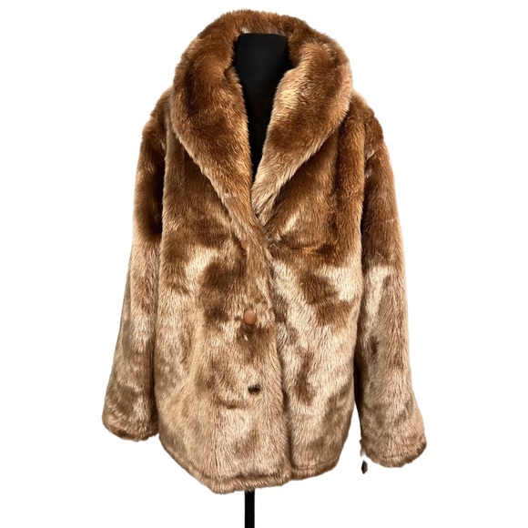 Vintage Jackets & Blazers - Vintage Faux Fur Coat Brown Largr Collar Faux Leather Buttons Womens  Size Med